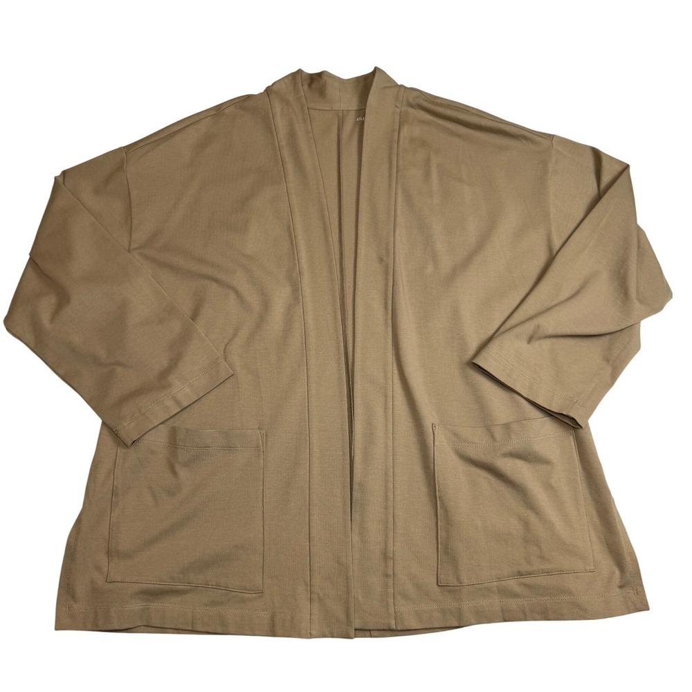 Eileen Fisher Organic Cotton‎ Stretch Jersey Open Front Cardigan Tan Medium